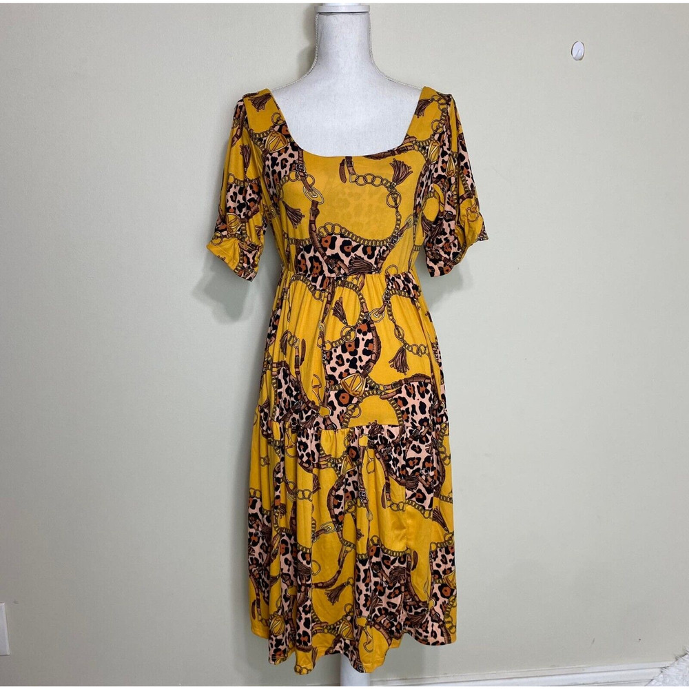 Animal Print Puff Sleeve SunDress‎ For Women, Mustard, NEW,(Size Med to Large)
